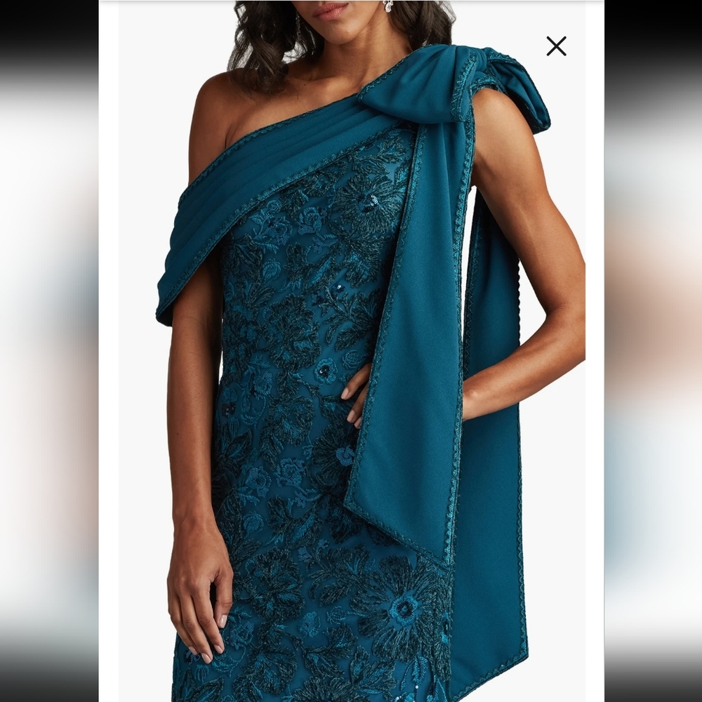 TADASHI SHOJI BEADED FLORAL ONE-SHOULDER GOWN; SIZE:10;COLOR:BLUE - Picture 3 of 13